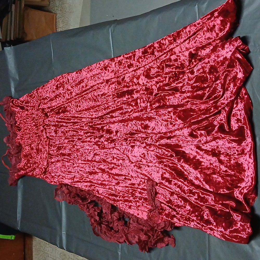 Dark In Love Blood Rose Red Velvet & Lace Gothic Maxi Dress w/ Chain Accent XL - Picture 12 of 16